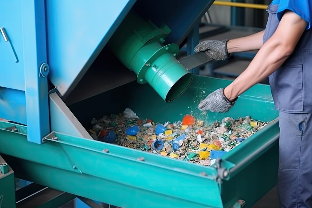 image shows a worker at a waste sorting plant, specifically a machine
