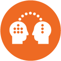 image is an icon representing knowledge transfer or the sharing of information between individuals
